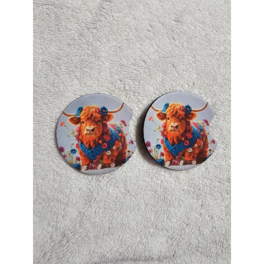 Highland Cow Car Coasters - Cute Car Accessories, Drink Coasters, Set of 2